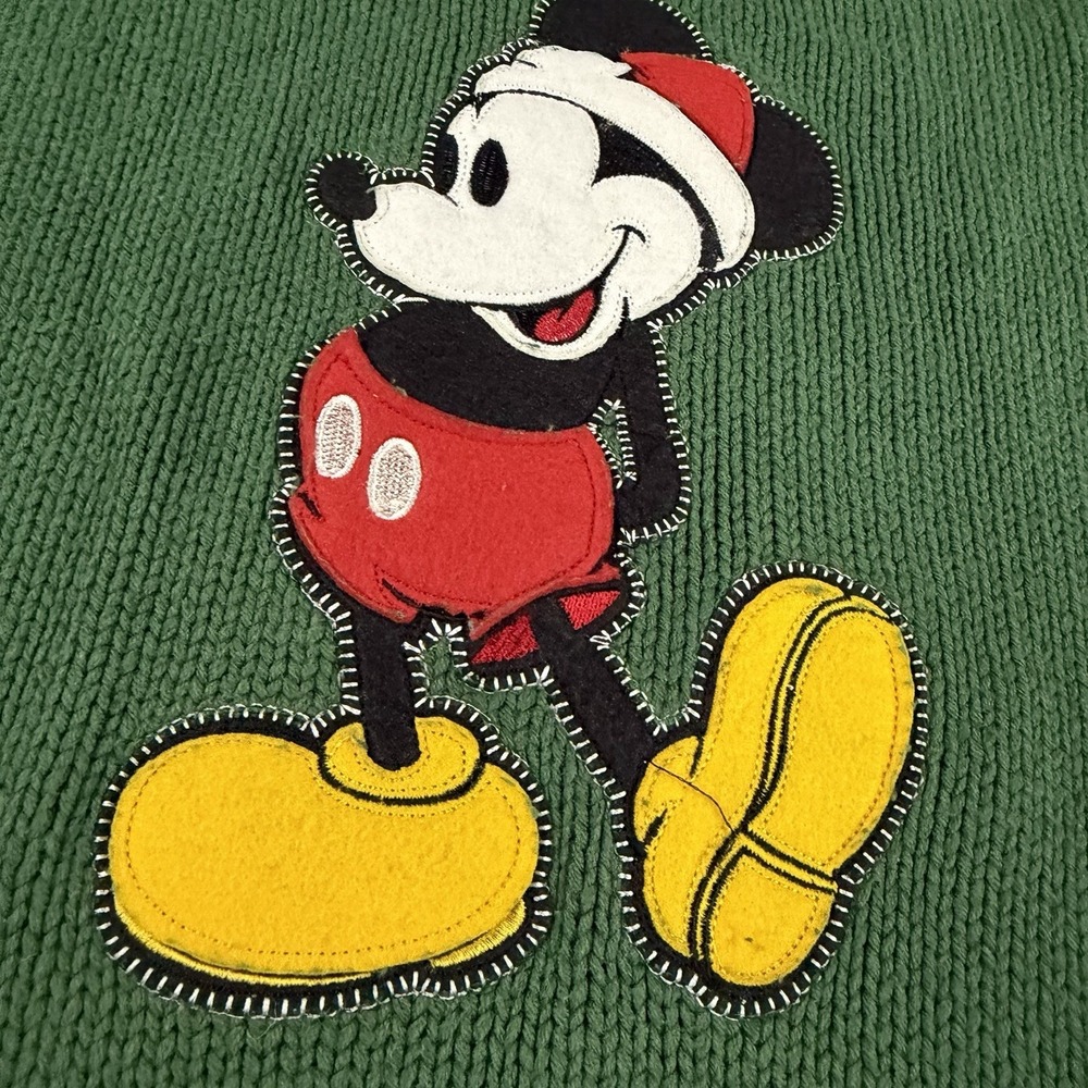 Vintage Disney Mickey Sweater Medium Green Knit 90s Christmas Santa Hat - Picture 3 of 7